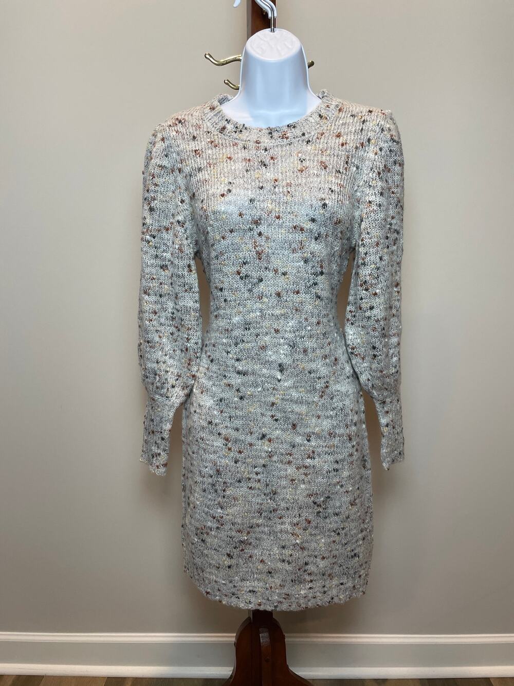 Maison Tara Gray Sweater Dress XS Puff Sleeve Knit